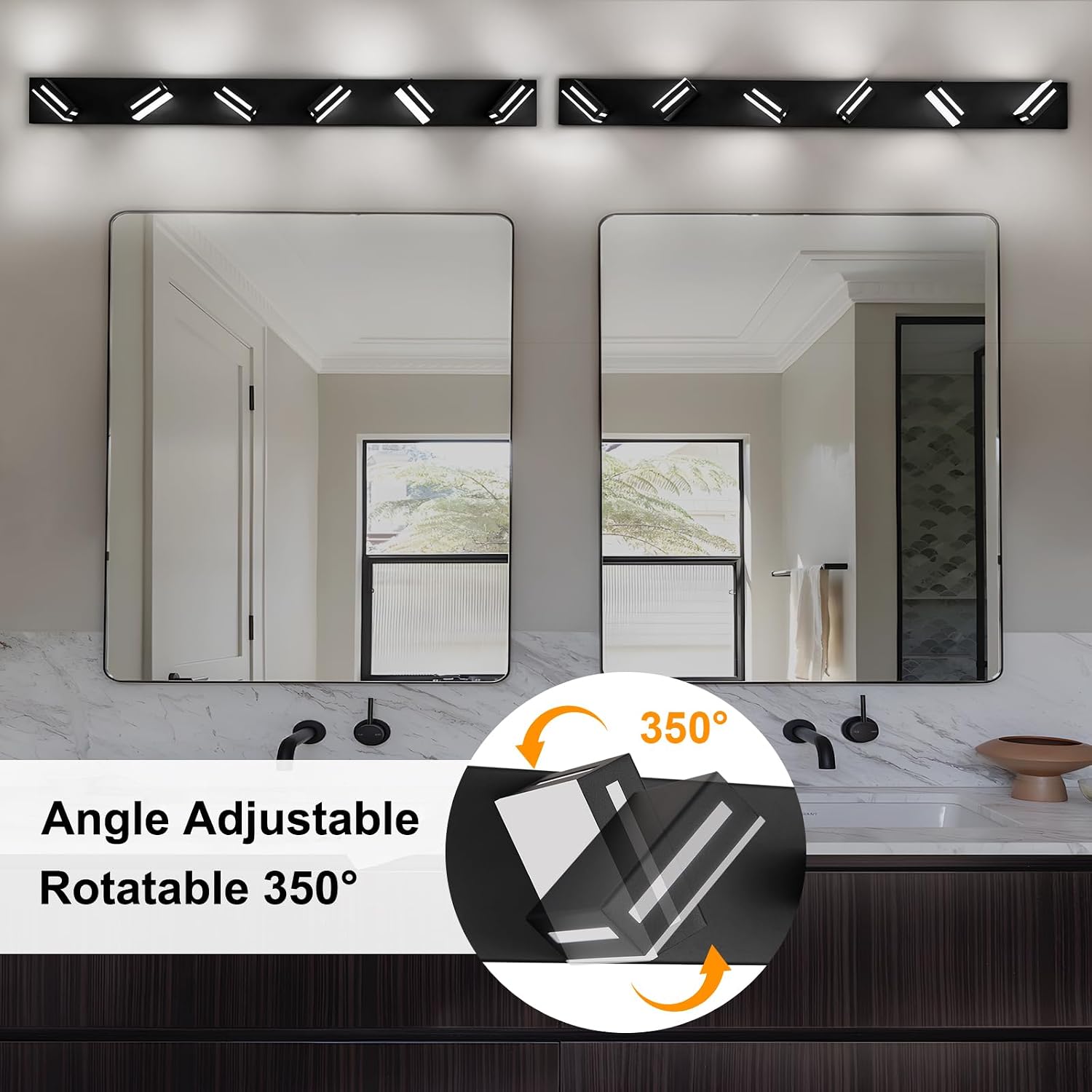 LED Modern Bathroom Light Fixtures, 6-Light 48-Inch Matte Black Vanity Lights for Bathroom Lighting Fixtures Over Mirror, 6000K Cool White 350° Rotatable Wall Lamp
