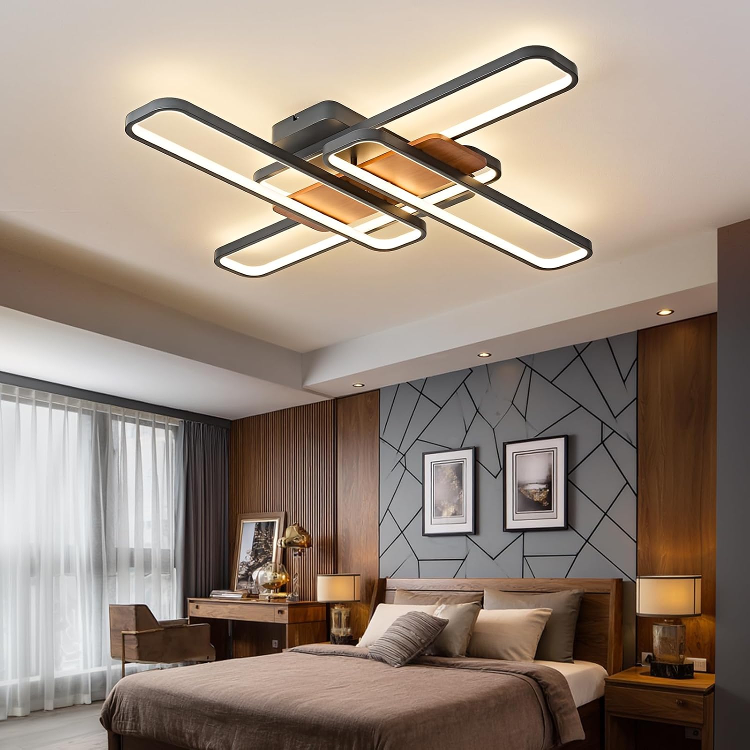 37.4' Modern LED Ceiling Lights with Remote Control 160W Dimmable Wood Ceiling Light Chandeliers, 3000K–6500K Large Close to Ceiling Lighting Fixture for Living Room Bedroom Kitchen