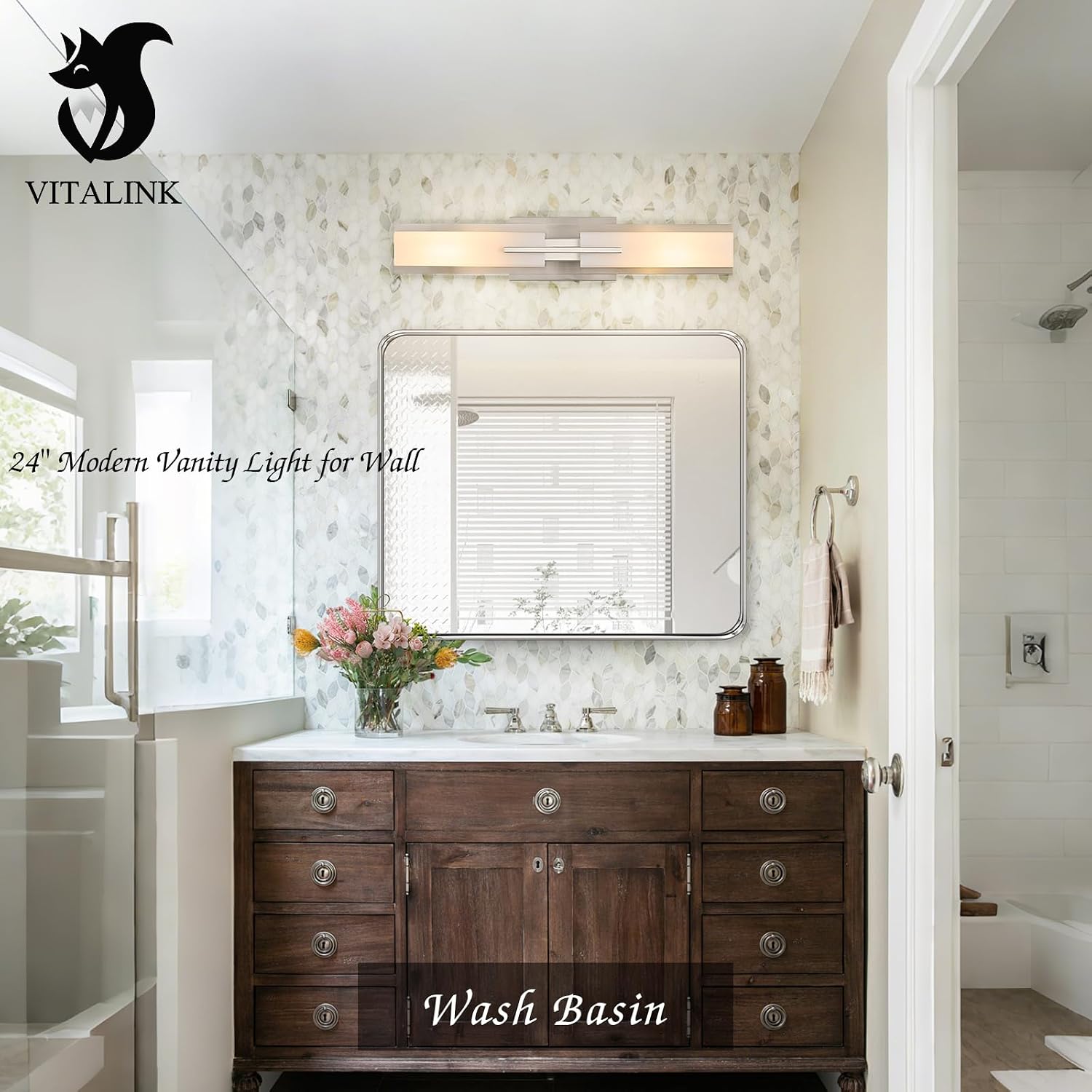 VitaLink 24' Bathroom Vanity Light, Satin Nickel 2-Light Frosted Glass Wall Lights for Bathroom Hardwired Wall Mount Lighting Fixtures for Living Room Bedroom E12