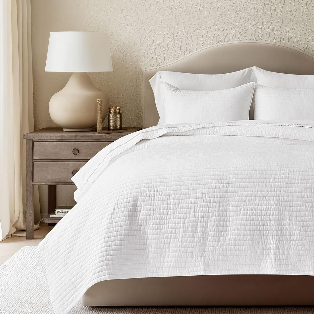 EVERGRACEHOME Cotton Sateen Quilt Set King Size, Pre-Washed Cotton Channel Stitch Coverlet Bedspread, 3 Pieces Lightweight Soft Bedding Sets for All Season, with 2 Pillow Shams, Bright White
