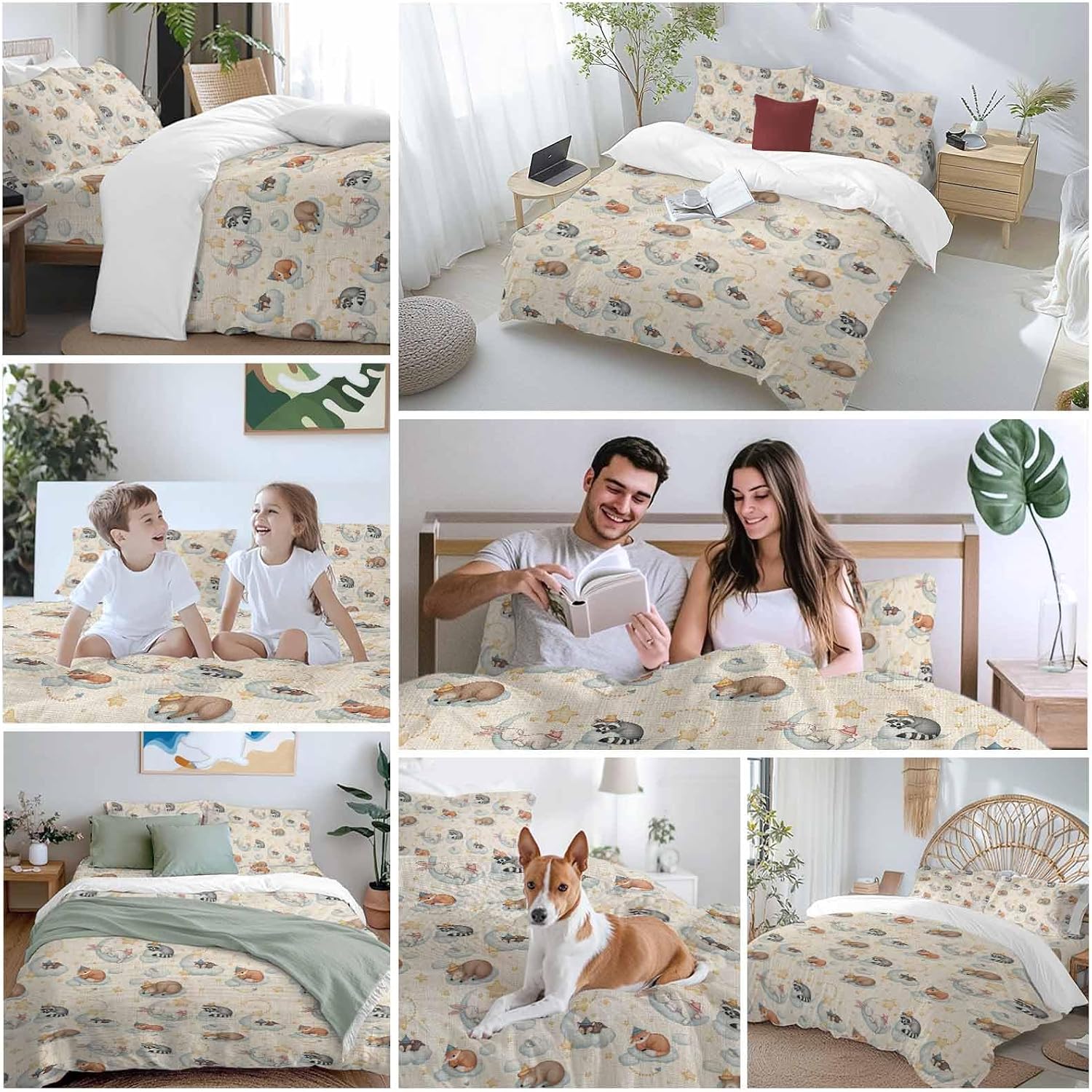 Cartoons Animals Duvet Cover Set Queen Size 4 Pieces Watercolor Fox Sleeping Raccoon Cute Rabbit Bedding Set with Zipper Closure, 1 Comforter Cover 92x106 Inches 1 Flat Sheet & 2 Pillow Cases