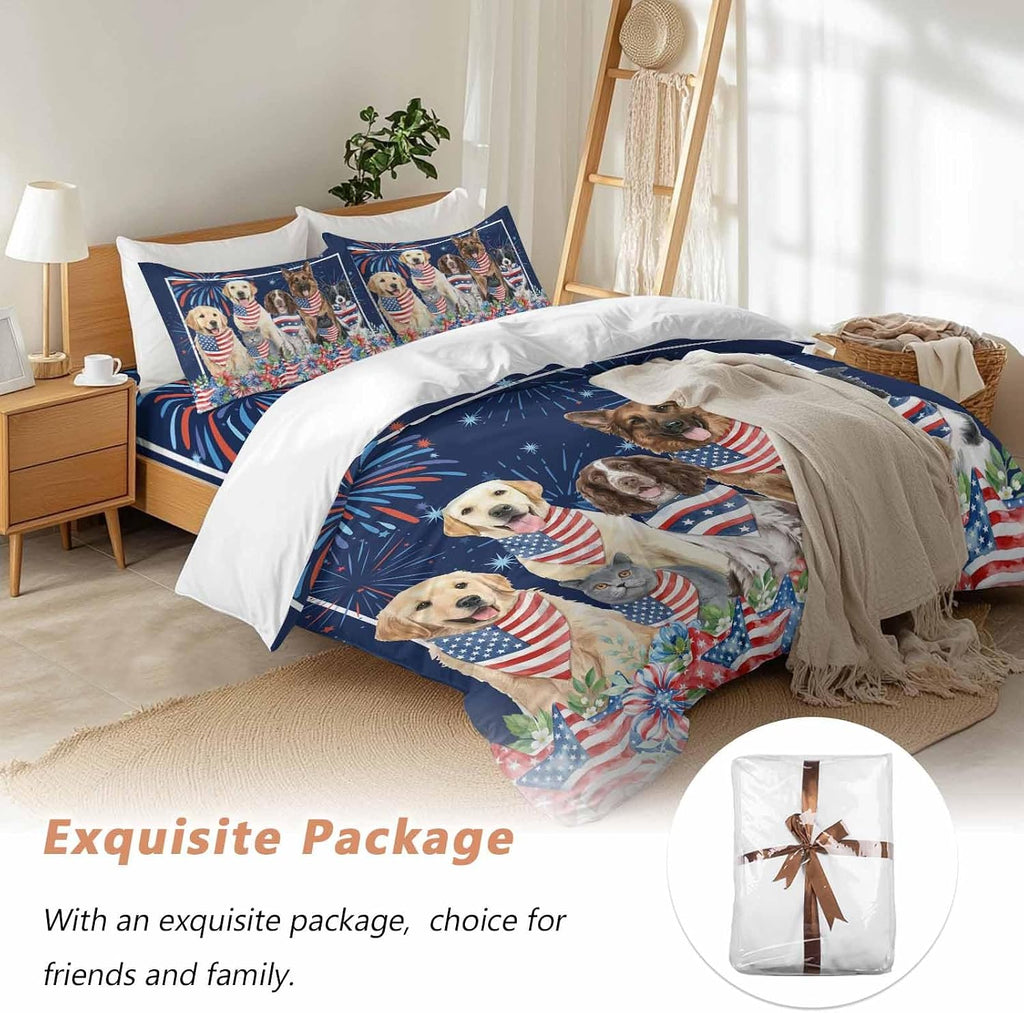 Independence Day Dog Cat Duvet Cover Set Queen 4 Pieces Watercolor Red Blue Stripe Star Flag Firework Blue Bedding Set with Zipper Closure,1 Comforter Cover 92x106 Inch 1 Flat Sheet&2 Pillow Cases