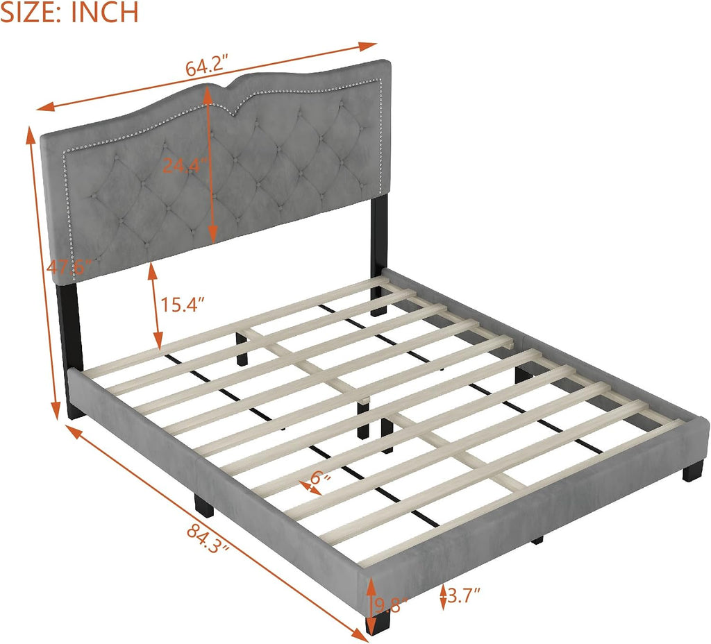 VilroCaz Elegant Velvet Design 3-Pieces Bedroom Sets, Modern Queen Size Platform Bed with 2 Nightstands, Bedside Table, Rivet Design Tufted Headboard