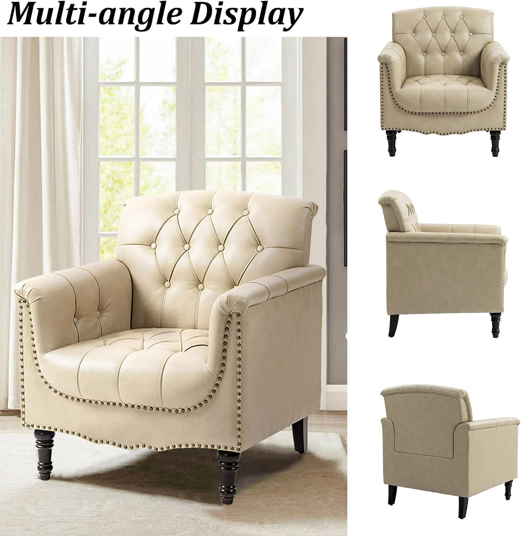 Faux Leather Accent Chair, PU Leather Modern Comfy Upholstered Armchair with Wood Legs & Nailhead Trim for Living Room, Bedroom (Beige,Set of 1)