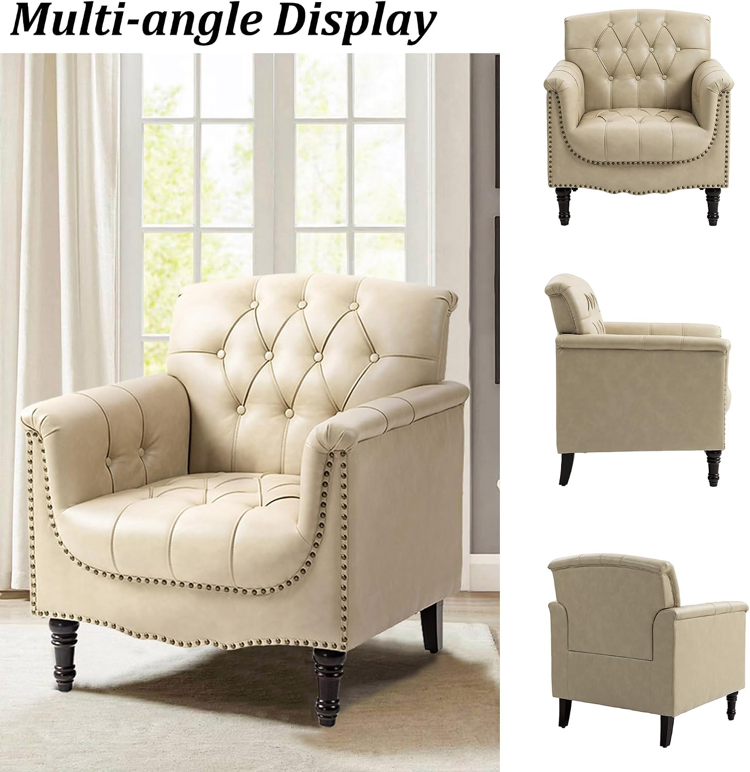 Faux Leather Accent Chair, PU Leather Modern Comfy Upholstered Armchair with Wood Legs & Nailhead Trim for Living Room, Bedroom (Beige,Set of 1)