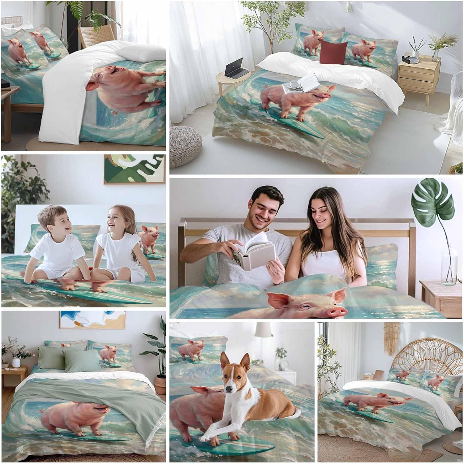 Summer Ocean Duvet Cover Set Queen Size 4 Pieces Watercolor Funny Pig Teal Surfboard Coastal Wave Bedding Set with Zipper Closure, 1 Comforter Cover 92x106 Inches 1 Flat Sheet & 2 Pillow Cases