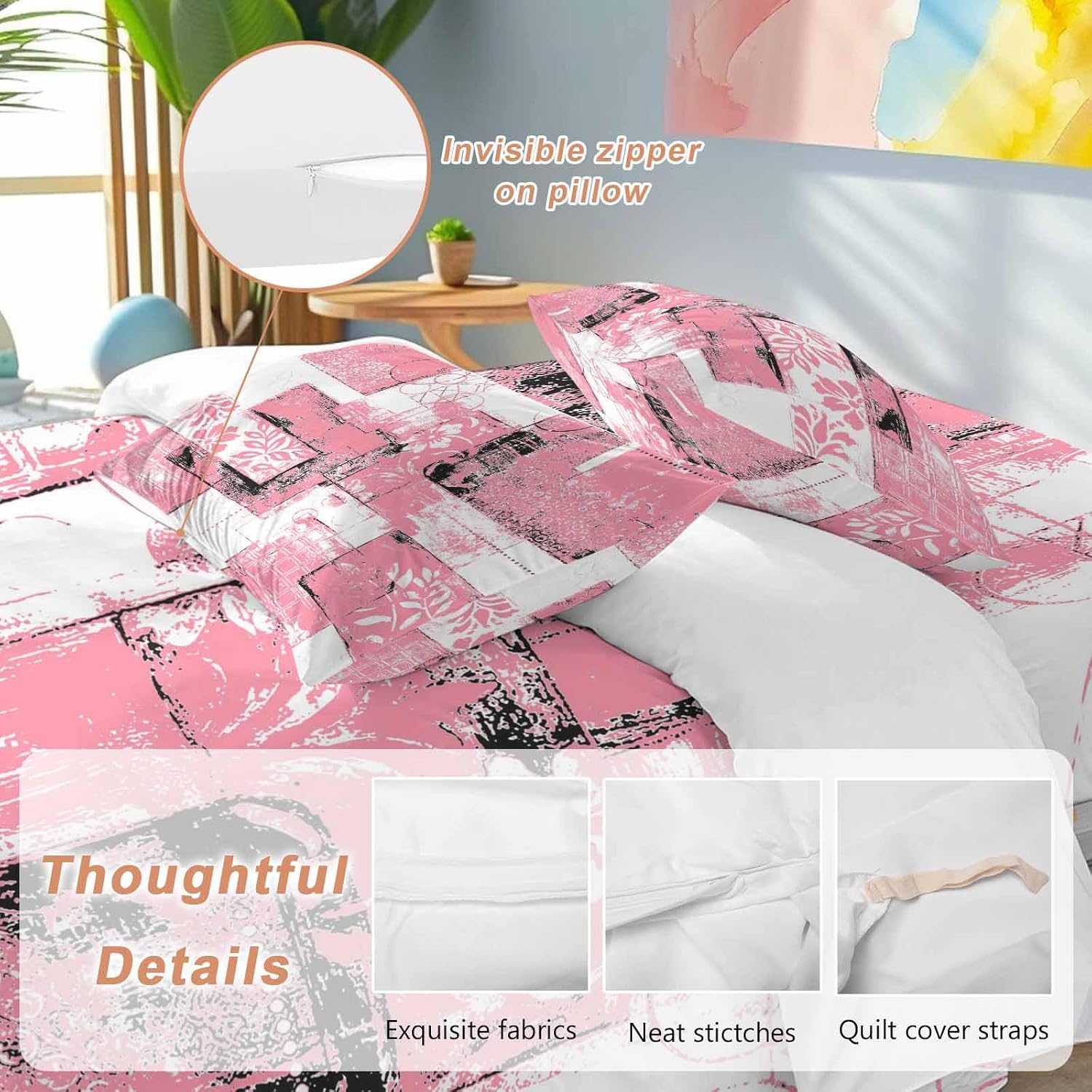 Modern Boho Duvet Cover Set Queen Size 4 Pieces Flower Geometric Texture Pink White Abstract Art Bedding Set with Zipper Closure, 1 Comforter Cover 92x106 Inches 1 Flat Sheet & 2 Pillow Cases