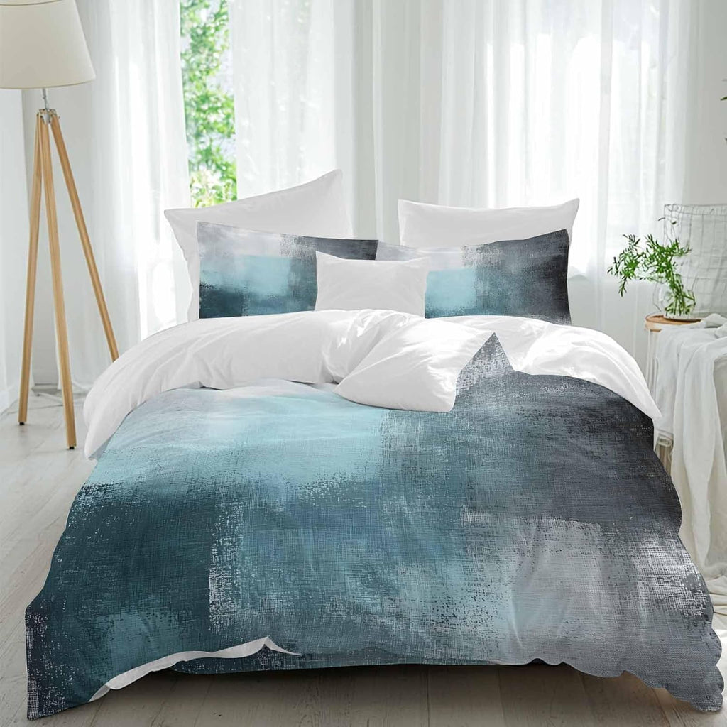 Prime Leader Teal Blue Color Block Duvet Cover Set Queen Size 4 Pieces Abstract Shabby Modern Art Bedding Set with Zipper Closure, 1 Comforter Cover 92x106 Inches 1 Flat Sheet & 2 Pillow Cases