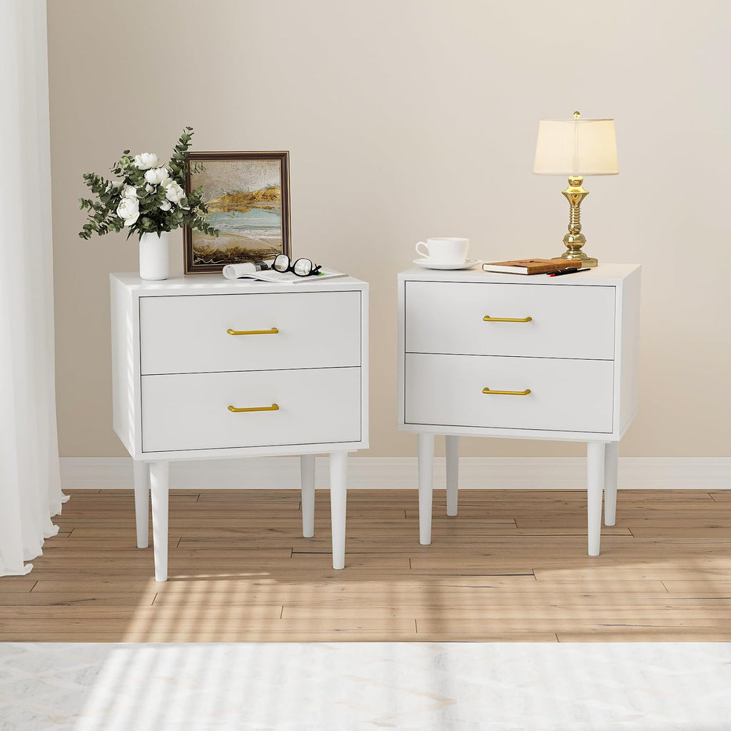 Modern White Bedside Cabinet with Metal Handles | 2-Drawer Nightstand Set of 2, Solid Wood Legs & Metal Slides for Bedroom Living Room