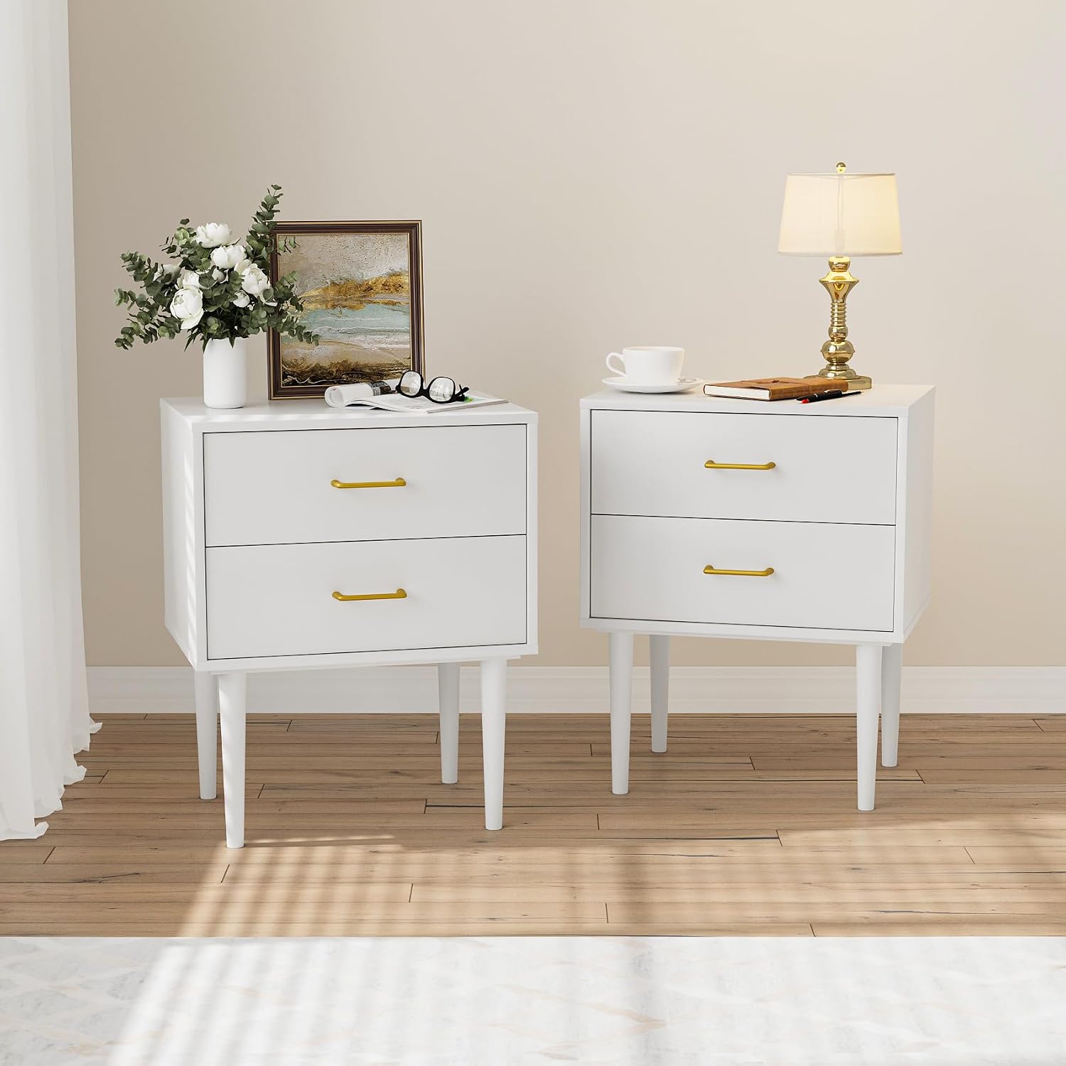 Modern White Bedside Cabinet with Metal Handles | 2-Drawer Nightstand Set of 2, Solid Wood Legs & Metal Slides for Bedroom Living Room