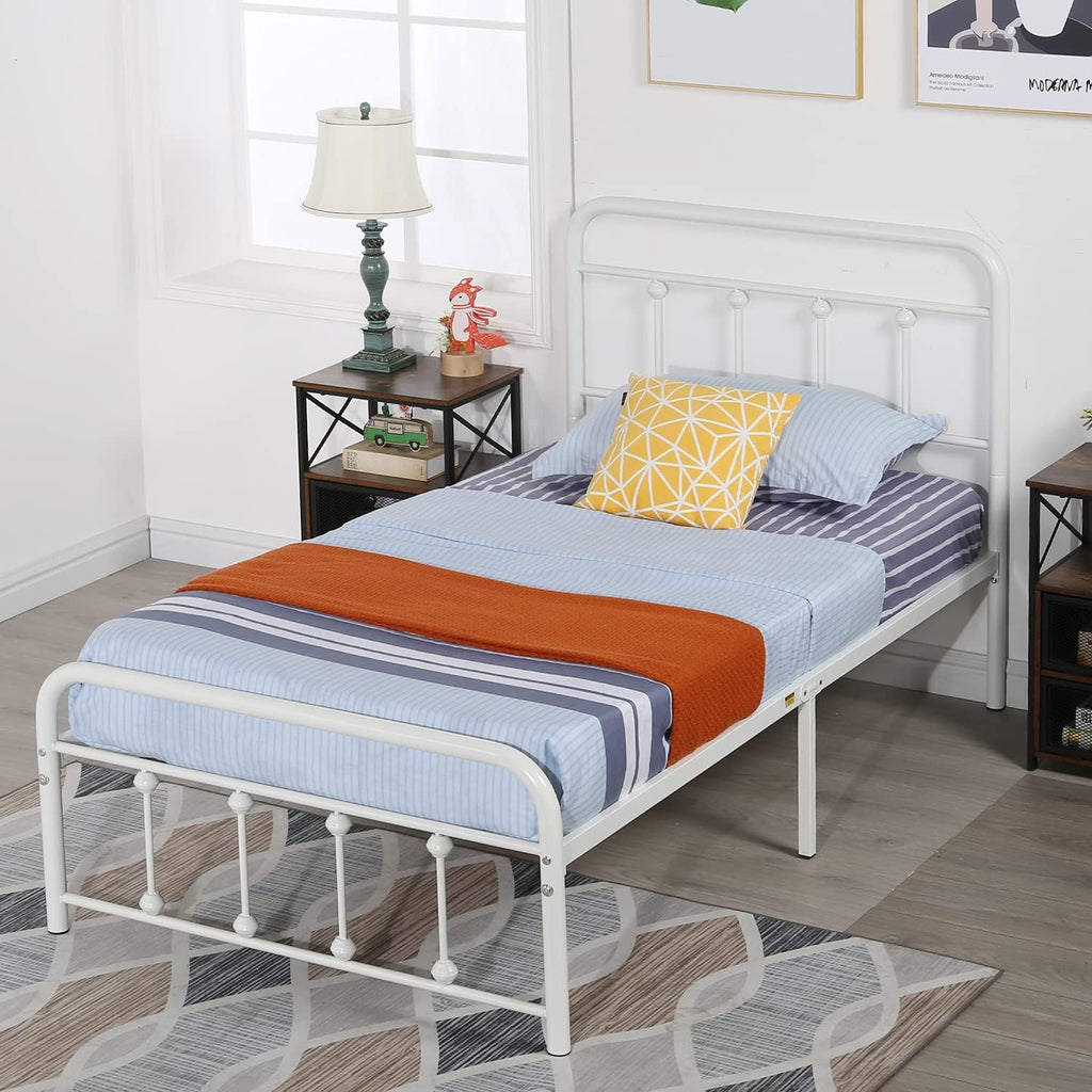 VECELO Twin Size Victorian Style Metal Bed Frame with Headboard Classic Metal Platform Bed Frame Mattress Foundation with Victorian Style Footboard/Under Bed Storage/No Box Spring Classic White