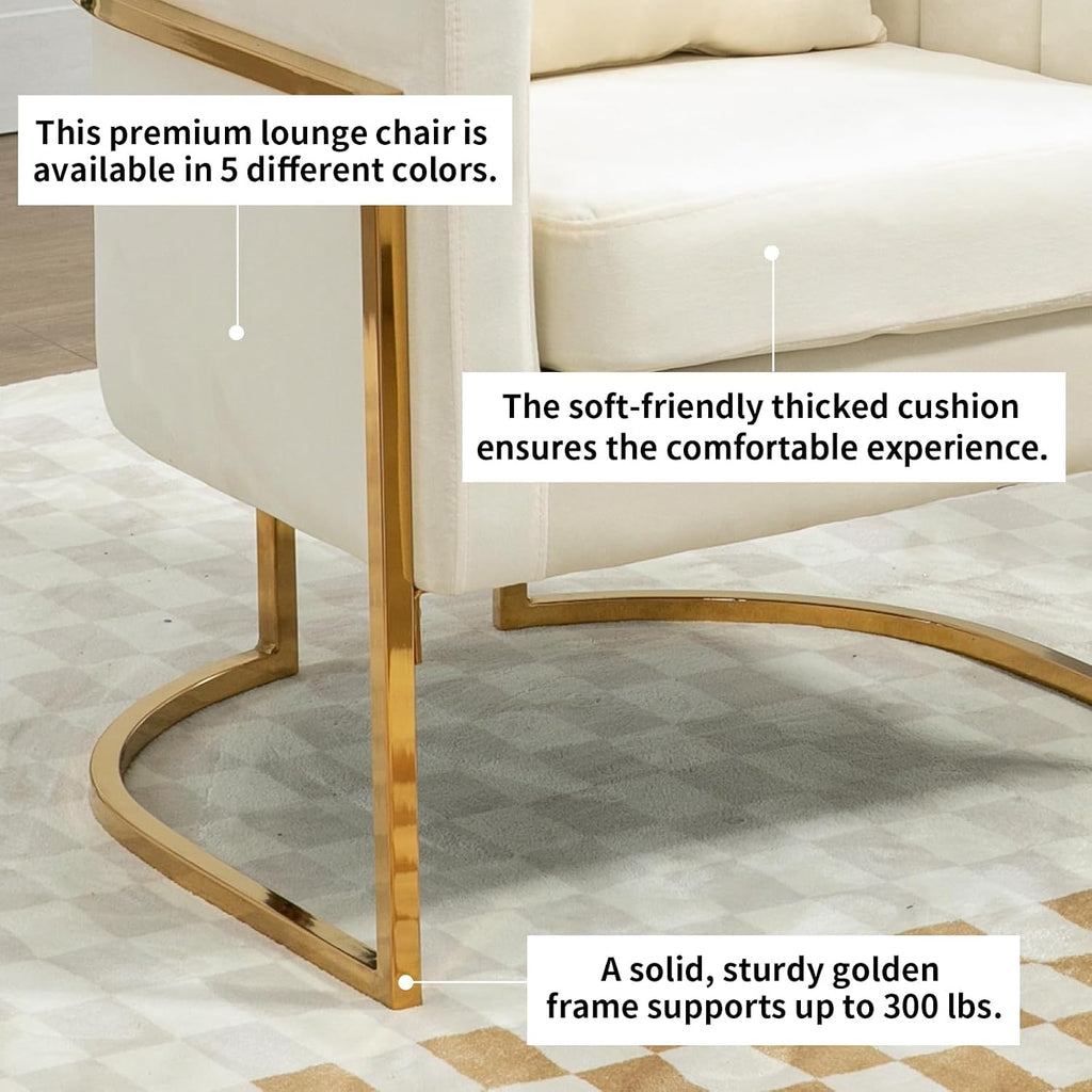 Velvet Accent Chairs Set of 2, Mid Century Modern Upholstered Barrel Armchair with Pillow for Living Room, Comfy Single Club Chair with Metal Gold Legs for Bedroom, White