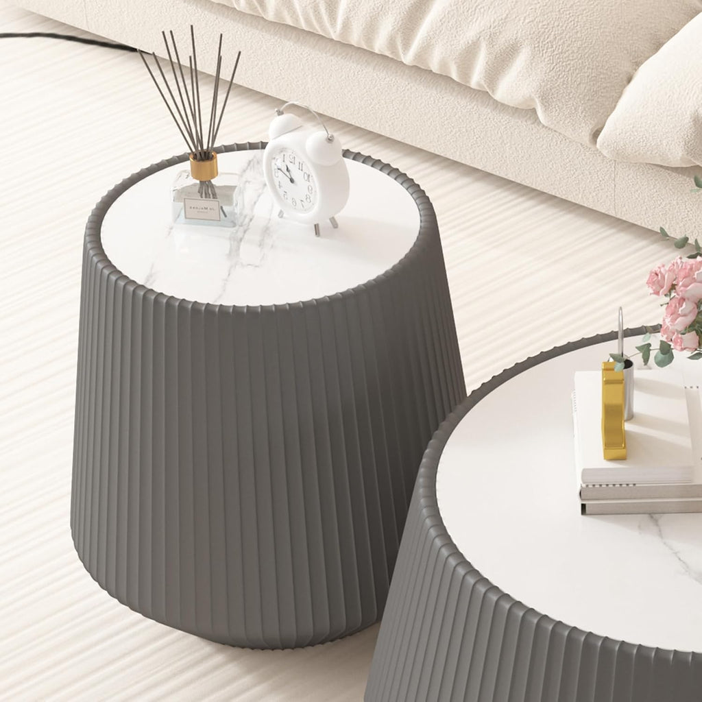19.68' Grey Round Coffee Table, Drum Coffee Table with Sintered Stone Tabletop and Fluted PU Leather Covered and Stable Base, Circle Cocktail Tea Table for Living Room