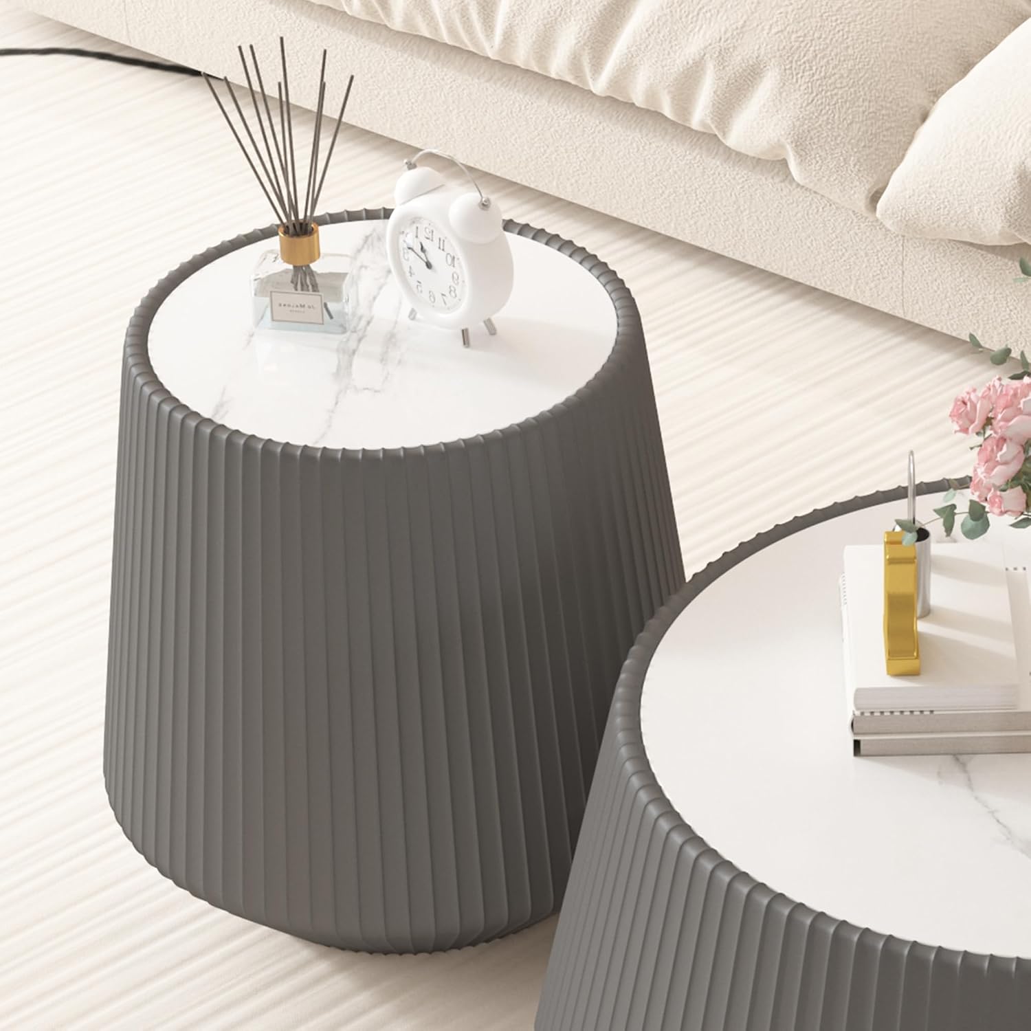 19.68' Grey Round Coffee Table, Drum Coffee Table with Sintered Stone Tabletop and Fluted PU Leather Covered and Stable Base, Circle Cocktail Tea Table for Living Room