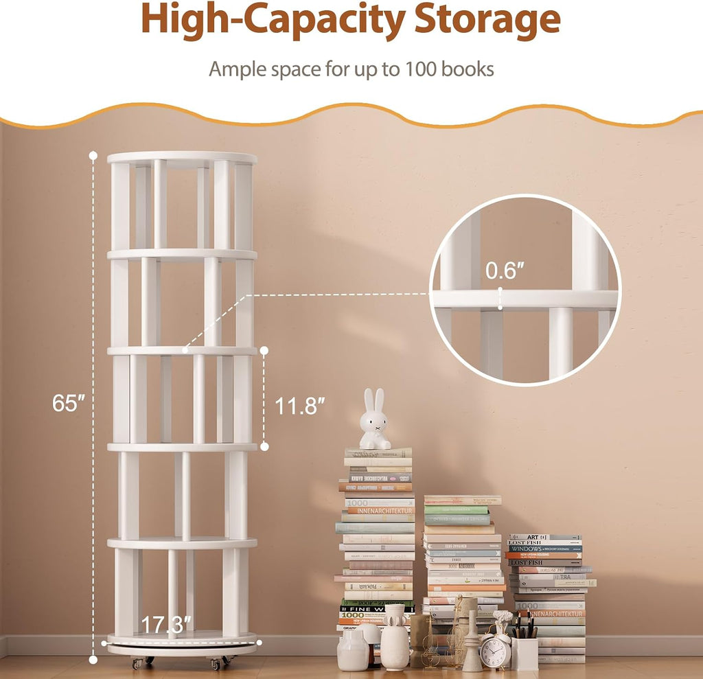 Muwuele Solid Wood Rotating Bookshelf on Wheels, 5 Tier, Round Revolving Bookcase, 360° Spinning Book Shelf Tower for Kids, Narrow Rolling Bookshelves for Small Space, Corner, Bedroom, Office, White