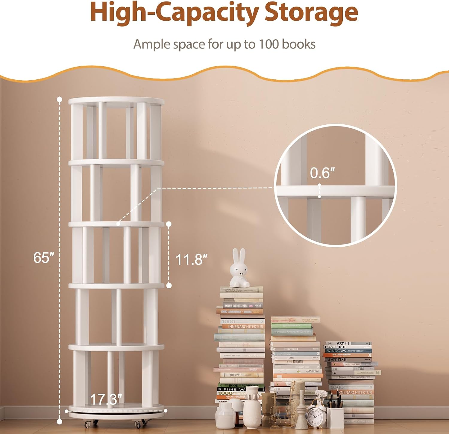 Muwuele Solid Wood Rotating Bookshelf on Wheels, 5 Tier, Round Revolving Bookcase, 360° Spinning Book Shelf Tower for Kids, Narrow Rolling Bookshelves for Small Space, Corner, Bedroom, Office, White