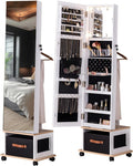 BTEXPERT 360 Swivel Jewelry Cabinet Armoire, Standing with Lights, Lockable Jewelry Organizer, 63' Rotating Full Length Frameless Mirror with Storage, 4 Wheels, White Lock Key