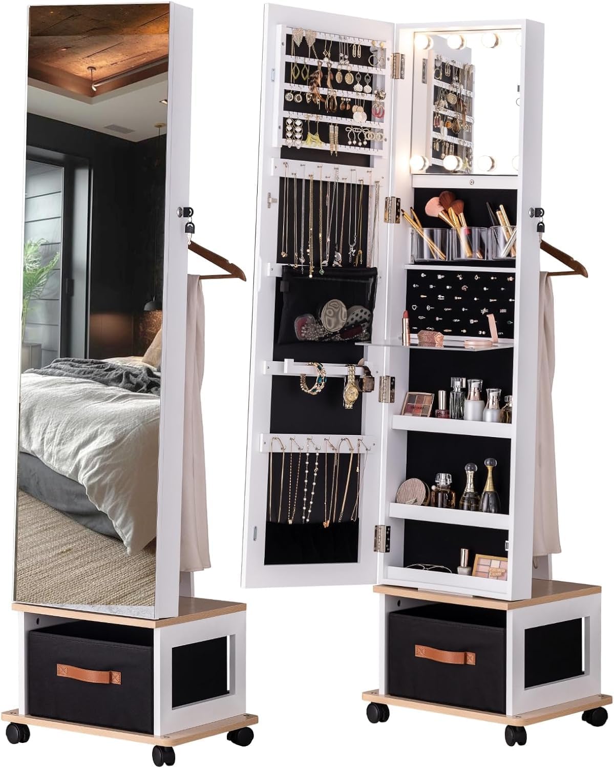 BTEXPERT 360 Swivel Jewelry Cabinet Armoire, Standing with Lights, Lockable Jewelry Organizer, 63' Rotating Full Length Frameless Mirror with Storage, 4 Wheels, White Lock Key