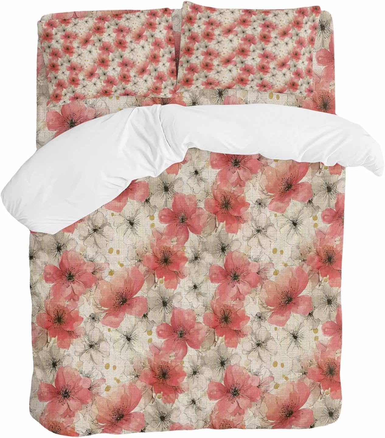 Spring Florals Duvet Cover Set Queen Size 4 Pieces Red White Floral Vintage Water Ink Painting Bedding Set with Zipper Closure, 1 Comforter Cover 92x106 Inches 1 Flat Sheet & 2 Pillow Cases
