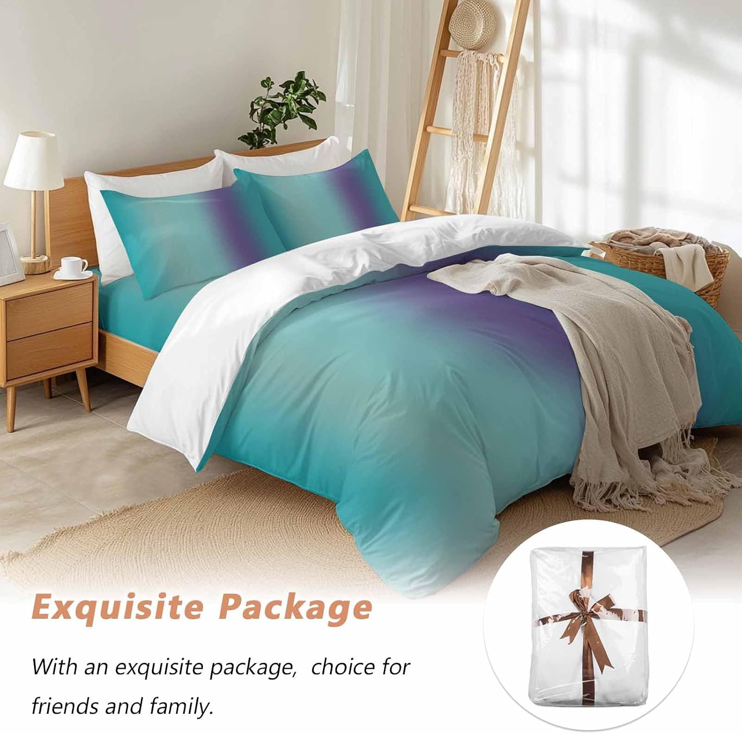 Gradient Green Purple Duvet Cover Set Queen Size 4 Pieces Modern Abstract Minimalist Teal Ocean Beach Bedding Set with Zipper Closure, 1 Comforter Cover 86x86 Inches 1 Flat Sheet & 2 Pillow Cases