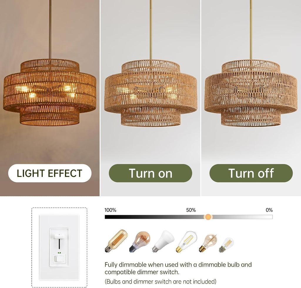 4-Light Boho Rattan Chandelier Light Fixture, 17.7' Hand Woven Rustic Chandeliers Farmhouse Chandelier Hanging Light for Dining Room Kitchen Island, Living Room, Foyer