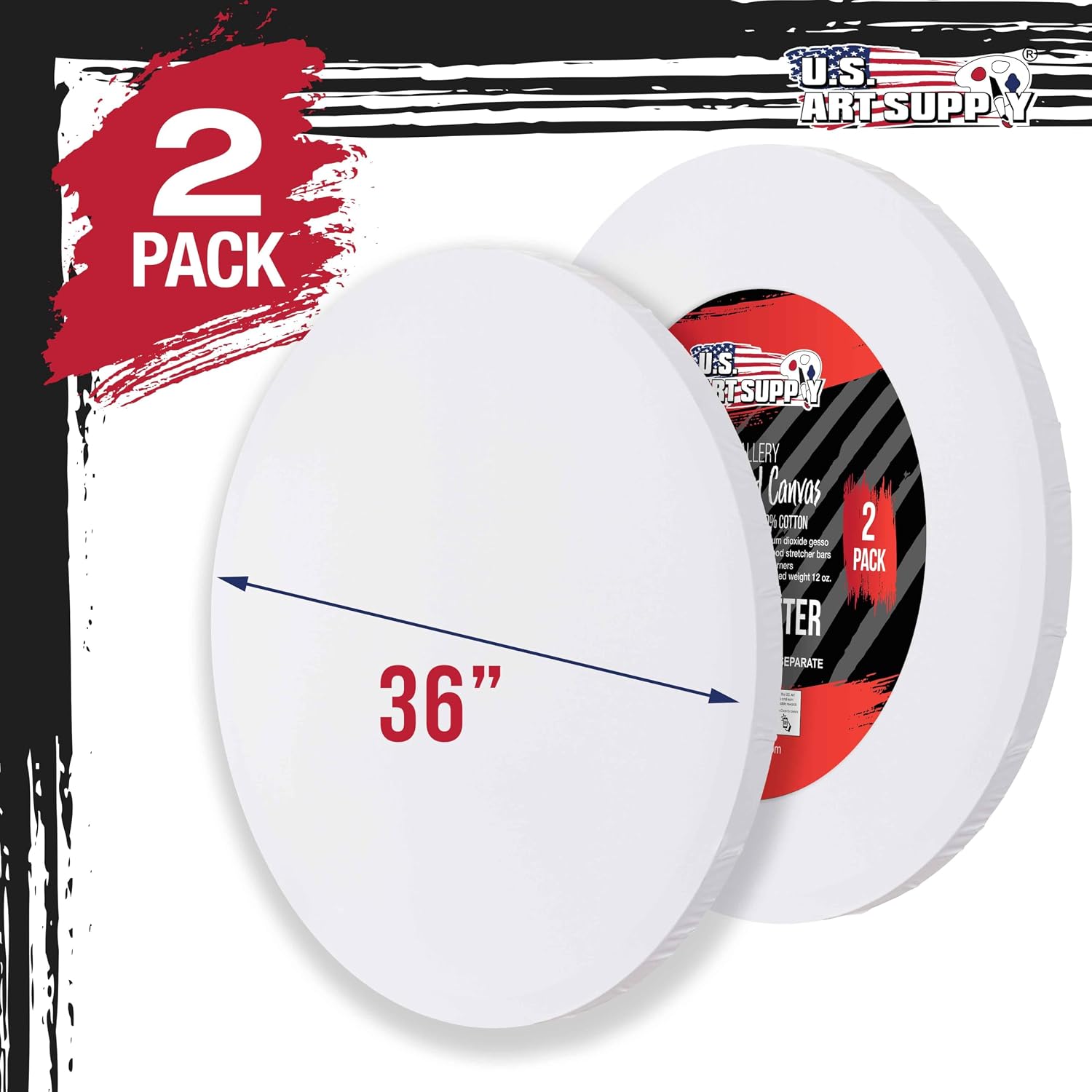 U.S. Art Supply 36 inch Diameter Round Gallery Depth 1-1/2' Profile Stretched Canvas 2-Pack - Acrylic Gesso Triple Primed 12-Ounce 100% Cotton Acid-Free Back Stapled Pouring Art