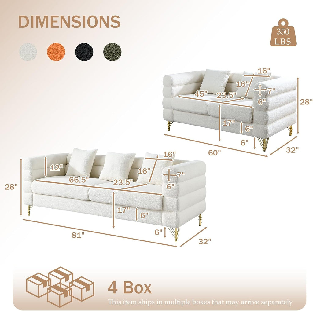 Chesterfield Velvet Button Tufted Sofa, 81'&60' Boucle Comfy Cloud Couch Upholstered Deep 5 Seater Sectional Sherpa Couch Set for Living Room Home Office Bedroom Apartment, White
