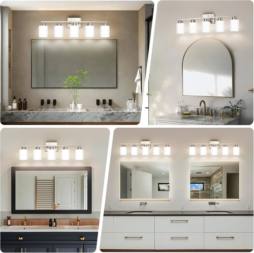 FonmYim Brushed Nickel Bathroom Light Fixtures, 5-Light Modern Vanity Light Over Mirror, Wall Sconces with Milky White Frosted Glass Shades, E26 Socket (Bulbs Not Included)