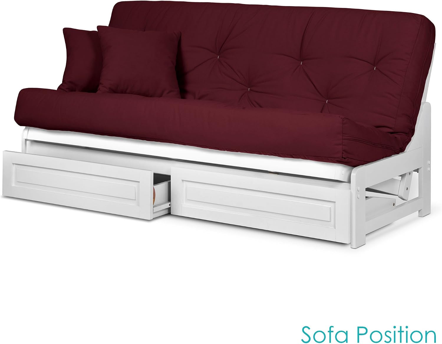 Nirvana Futons Arden White Futon with Storage Drawers Full or Queen Size - Space Saving Armless Design with Comfortable Mattress (Twill Burgundy), Sofa Bed Available in