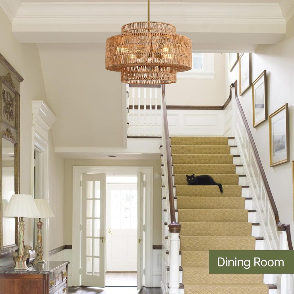 4-Light Boho Rattan Chandelier Light Fixture, 17.7' Hand Woven Rustic Chandeliers Farmhouse Chandelier Hanging Light for Dining Room Kitchen Island, Living Room, Foyer