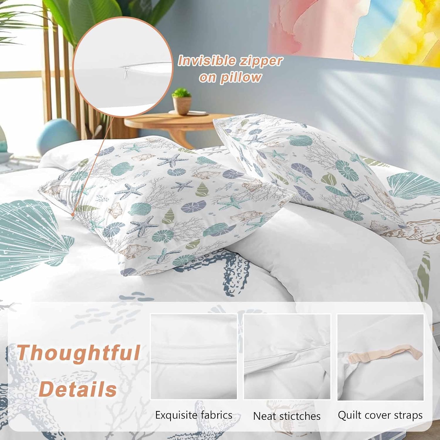 Prime Leader Summer Beach Duvet Cover Set Queen Size 4 Pieces Nautical Starfish Coral Shell Teal Ocean Bedding Set with Zipper Closure, 1 Comforter Cover 92x106 Inches 1 Flat Sheet & 2 Pillow Cases
