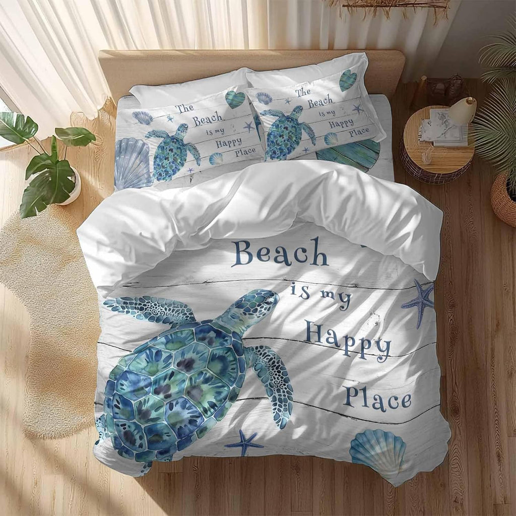 Blue Sea Turtle Duvet Cover Set Queen Size 4 Pieces Beach Happy Place Seashell Starfish Retro Wood Grain Bedding Set with Zipper Closure, 1 Comforter Cover 92x106 Inches 1 Flat Sheet & 2 Pillow Cases