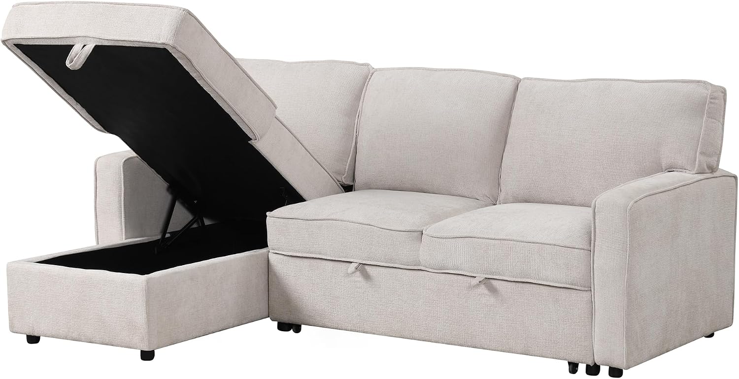 Merax 89' L-Shaped Sleeper Sofa Bed with Pull Out Bed & Reversible Chaise, Sleeper Sofa Couch with Storage Space, USB Port, and 2 Cup Holders on Back Cushions for Living Room Furniture Set, Beige