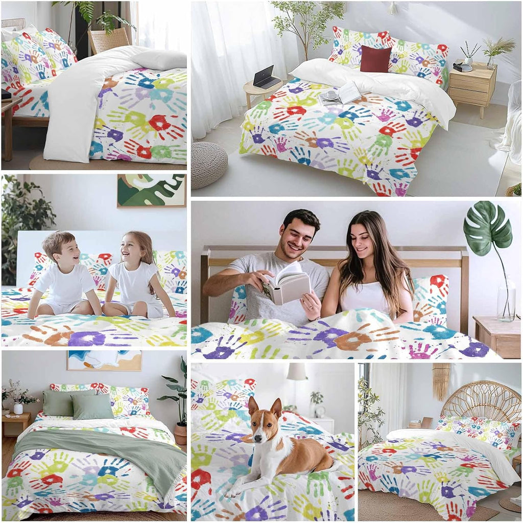 Colorful Cartoon Handprint Duvet Cover Set Queen Size 4 Pieces Cute Watercolor Red Green Blue Graffiti Bedding Set with Zipper Closure, 1 Comforter Cover 90x92 Inches 1 Flat Sheet & 2 Pillow Cases