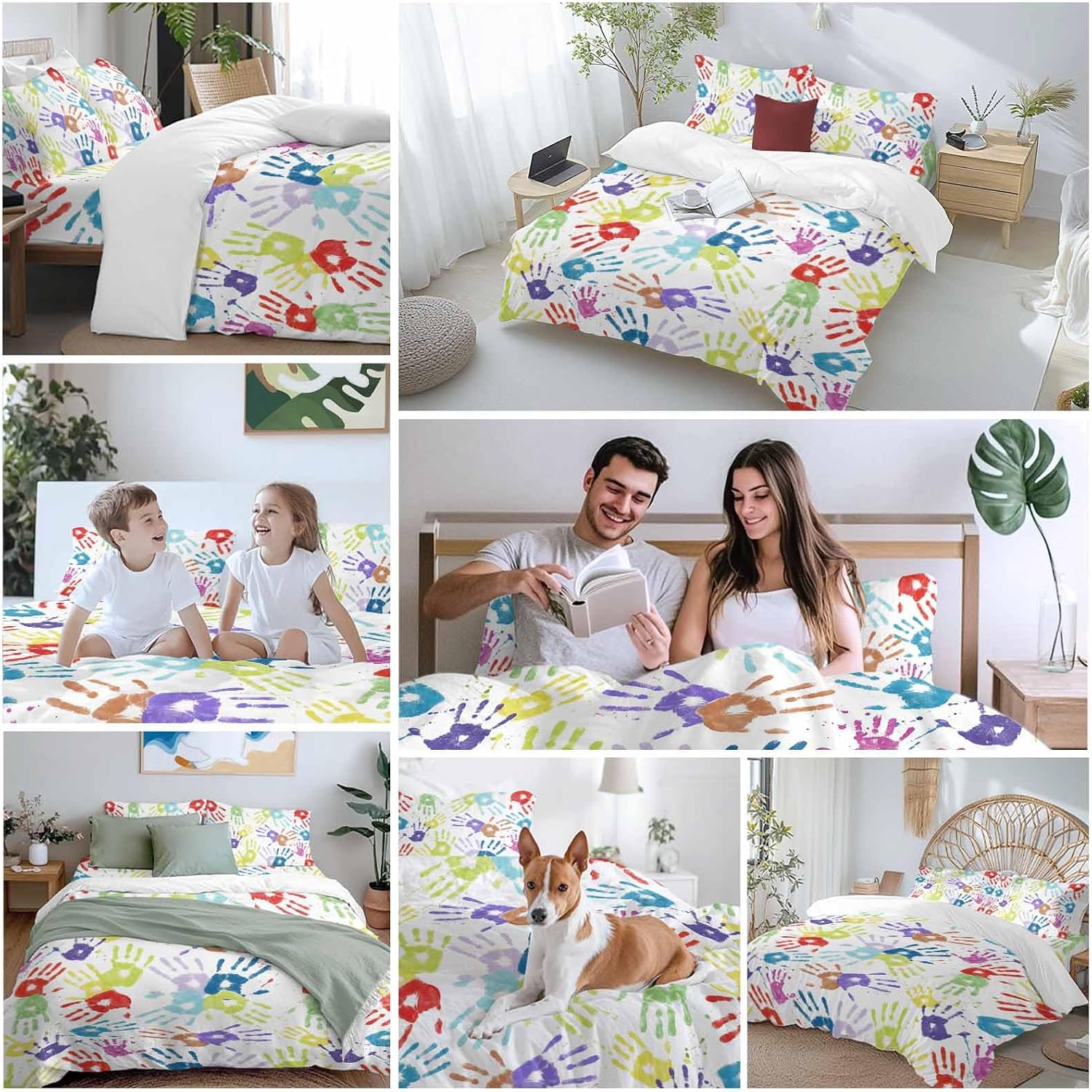 Colorful Cartoon Handprint Duvet Cover Set Queen Size 4 Pieces Cute Watercolor Red Green Blue Graffiti Bedding Set with Zipper Closure, 1 Comforter Cover 90x92 Inches 1 Flat Sheet & 2 Pillow Cases