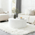29.52' White Round Coffee Table, Drum Coffee Table with Sintered Stone Tabletop and Fluted PU Leather Covered and Stable Base, Circle Cocktail Tea Table for Living Room