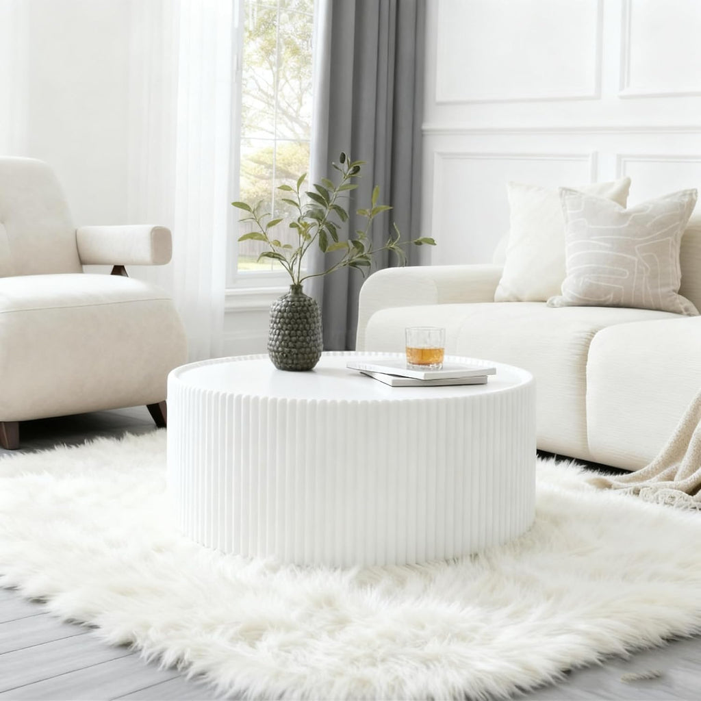 Round Coffee Table Set, 29.52' White Drum Center Table and 17.71' Grey Coffee Table Set, 2 Pieces Living Room Table Set with Sintered Stone Tabletop,Fluted PU Leather Covered and Stable Base