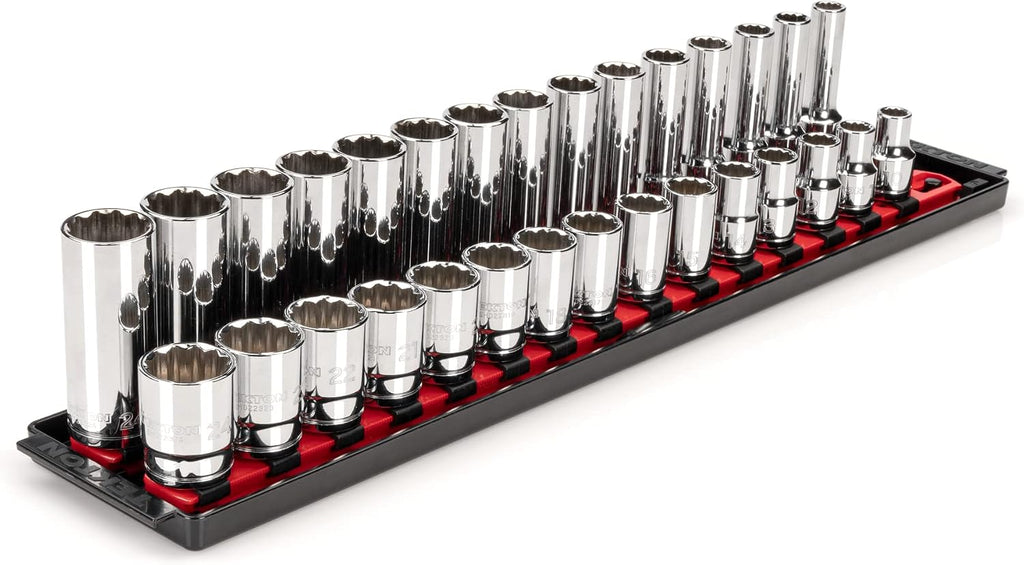 TEKTON 1/2 Inch Drive Shallow and Deep 12-Point Socket Set with Rails and Tray, 30-Piece (10-24 mm) | SHD92212