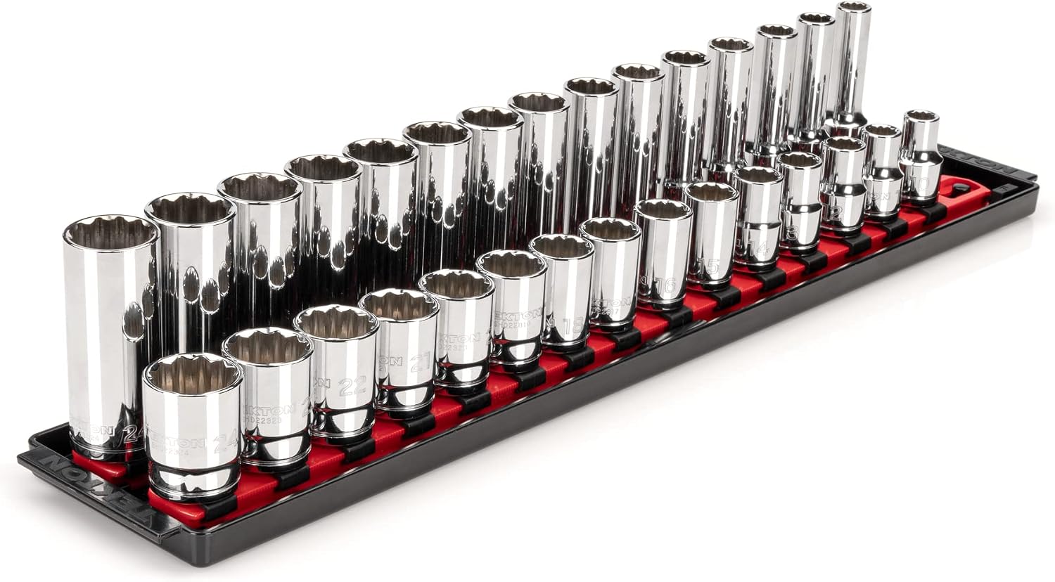 TEKTON 1/2 Inch Drive Shallow and Deep 12-Point Socket Set with Rails and Tray, 30-Piece (10-24 mm) | SHD92212