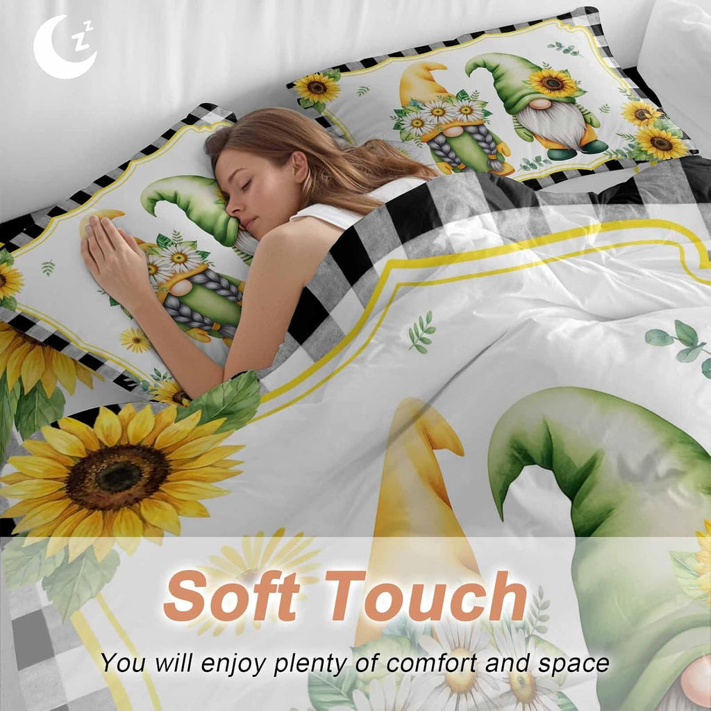 Prime Leader Summer Dwarfs Duvet Cover Set Queen Size 4 Pieces Yellow Sunflower Daisy Black Plaid Field Bedding Set with Zipper Closure, 1 Comforter Cover 92x106 Inches 1 Flat Sheet & 2 Pillow Cases
