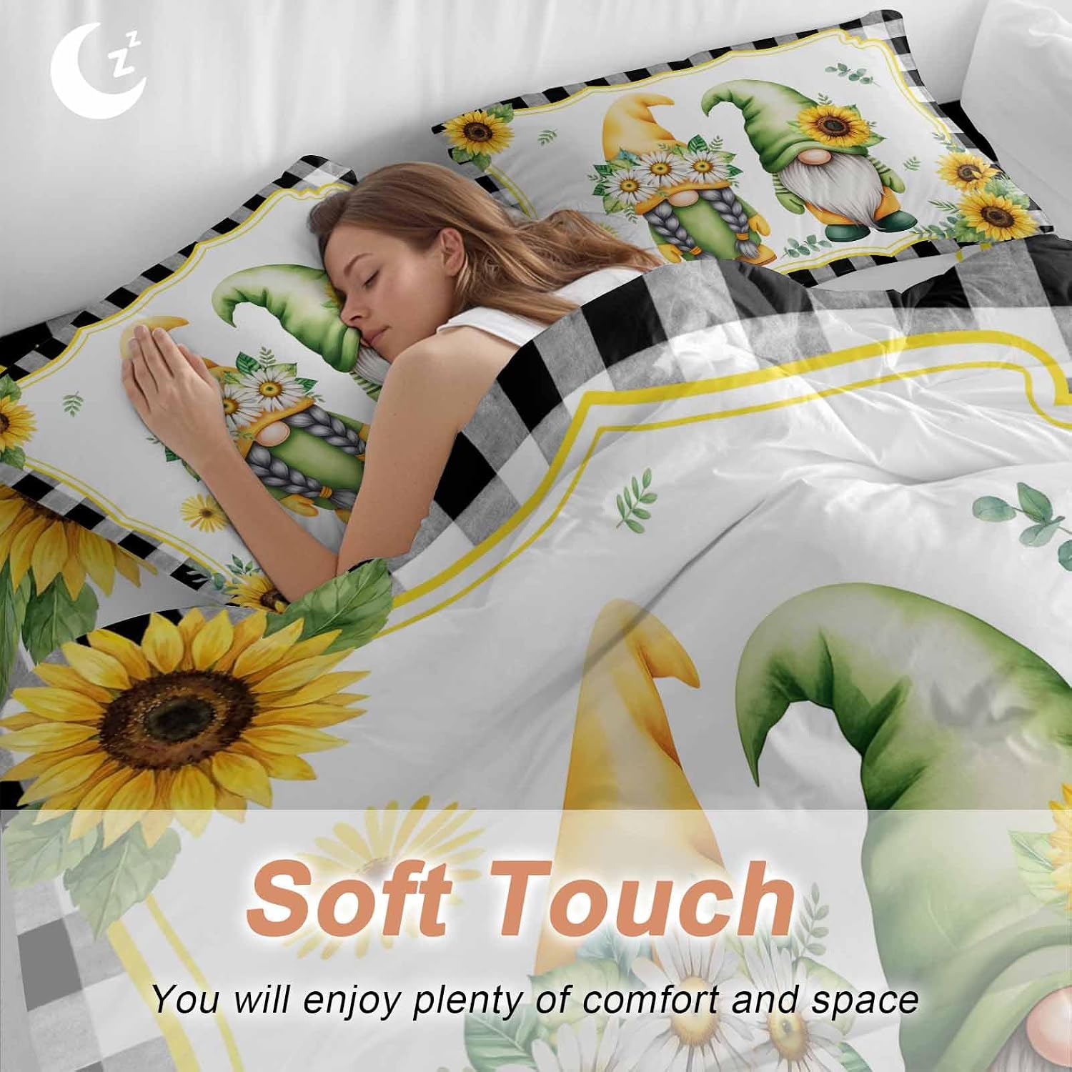 Prime Leader Summer Dwarfs Duvet Cover Set Queen Size 4 Pieces Yellow Sunflower Daisy Black Plaid Field Bedding Set with Zipper Closure, 1 Comforter Cover 92x106 Inches 1 Flat Sheet & 2 Pillow Cases