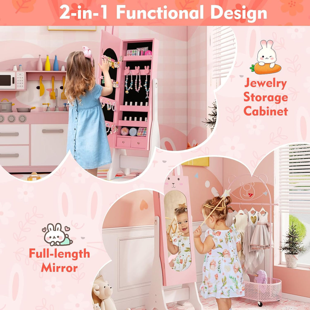 GLACER Kids Vanity & Jewelry Armoire, Princess Dressing Table and Chair Set, Wood Kids Dress Up Storage with Full-Length Mirror, 2 Adjustable Tilt Angles, Kids Bedroom Furniture Set for Girls (Pink)