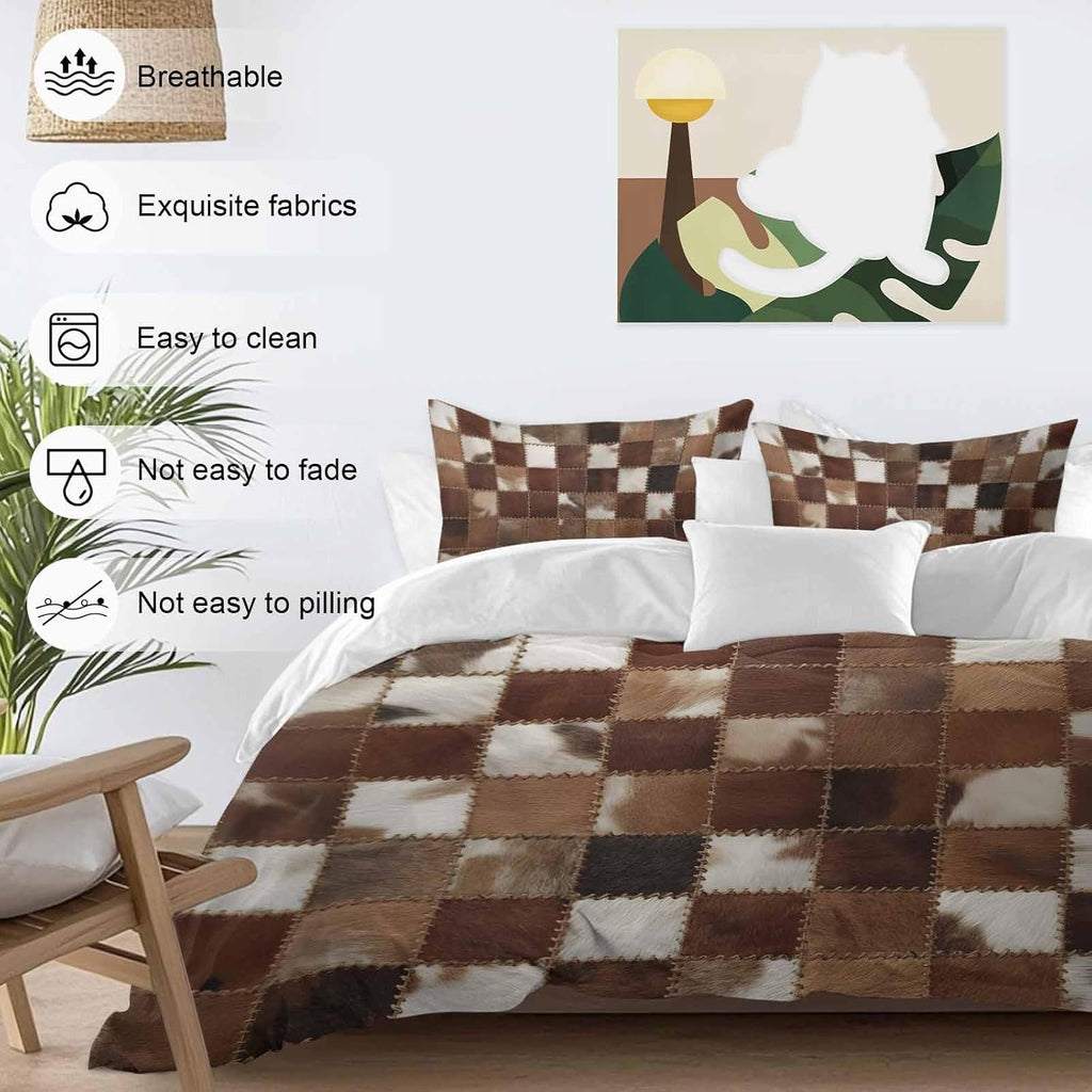 Abstract Plaid Duvet Cover Set Queen Size 4 Pieces Dark Brown Checkerboard Stitching Texture Patchwork Bedding Set with Zipper Closure, 1 Comforter Cover 90x92 Inches 1 Flat Sheet & 2 Pillow Cases