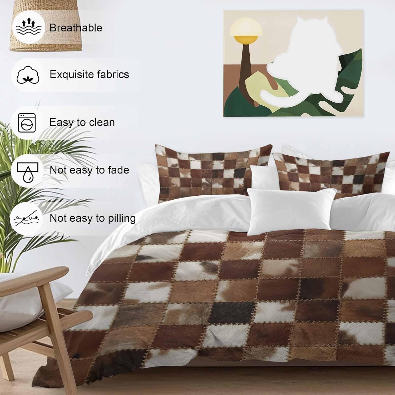Abstract Plaid Duvet Cover Set Queen Size 4 Pieces Dark Brown Checkerboard Stitching Texture Patchwork Bedding Set with Zipper Closure, 1 Comforter Cover 90x92 Inches 1 Flat Sheet & 2 Pillow Cases
