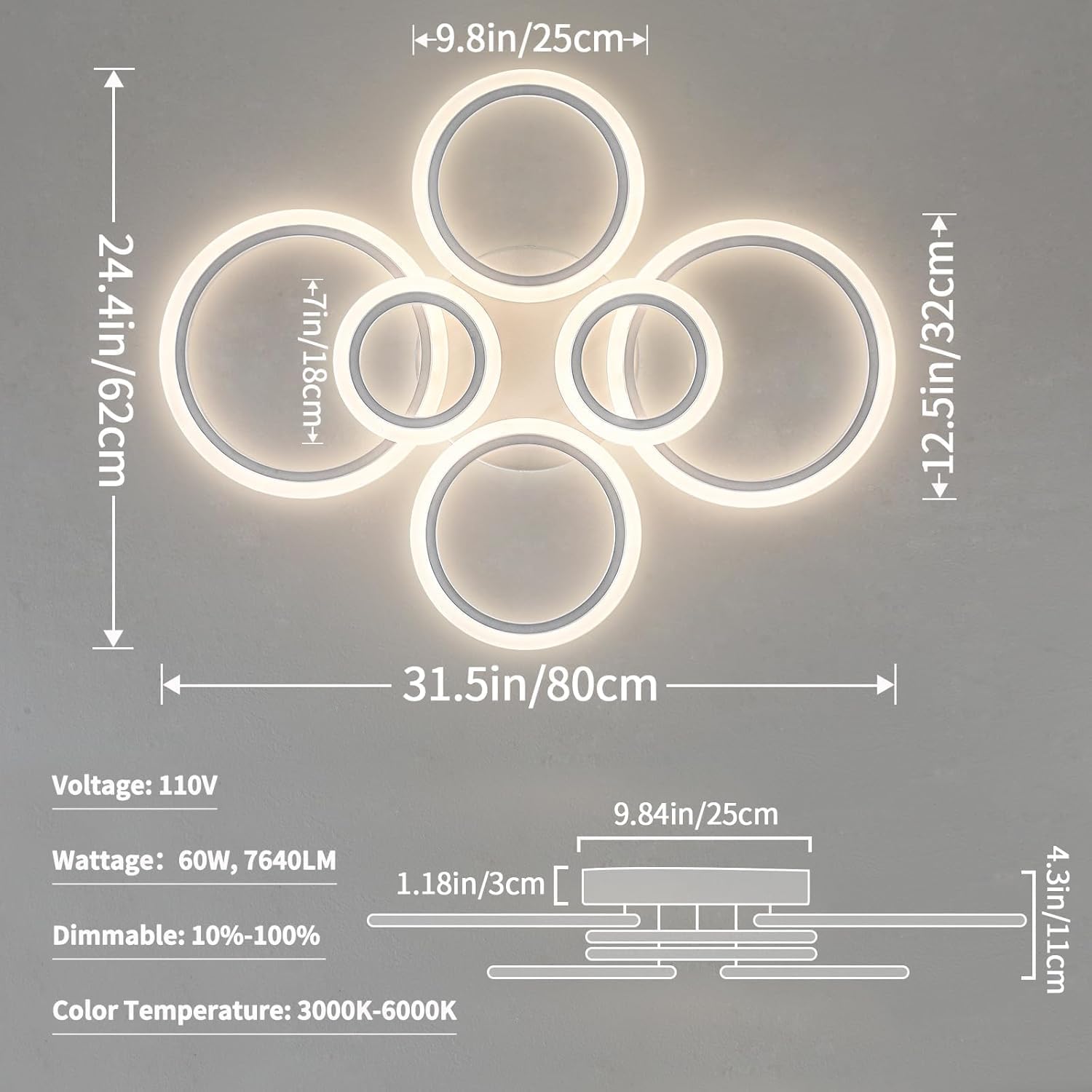 Shine LUEST 60W Modern LED Ceiling Light Fixture, Dimmable LED Chandelier Flush Mount Ceiling Lights Remote Control 6 Acrylic Ring Ceiling Lamp Fixture for Living Room Dining Room Bedroom, 7640LM