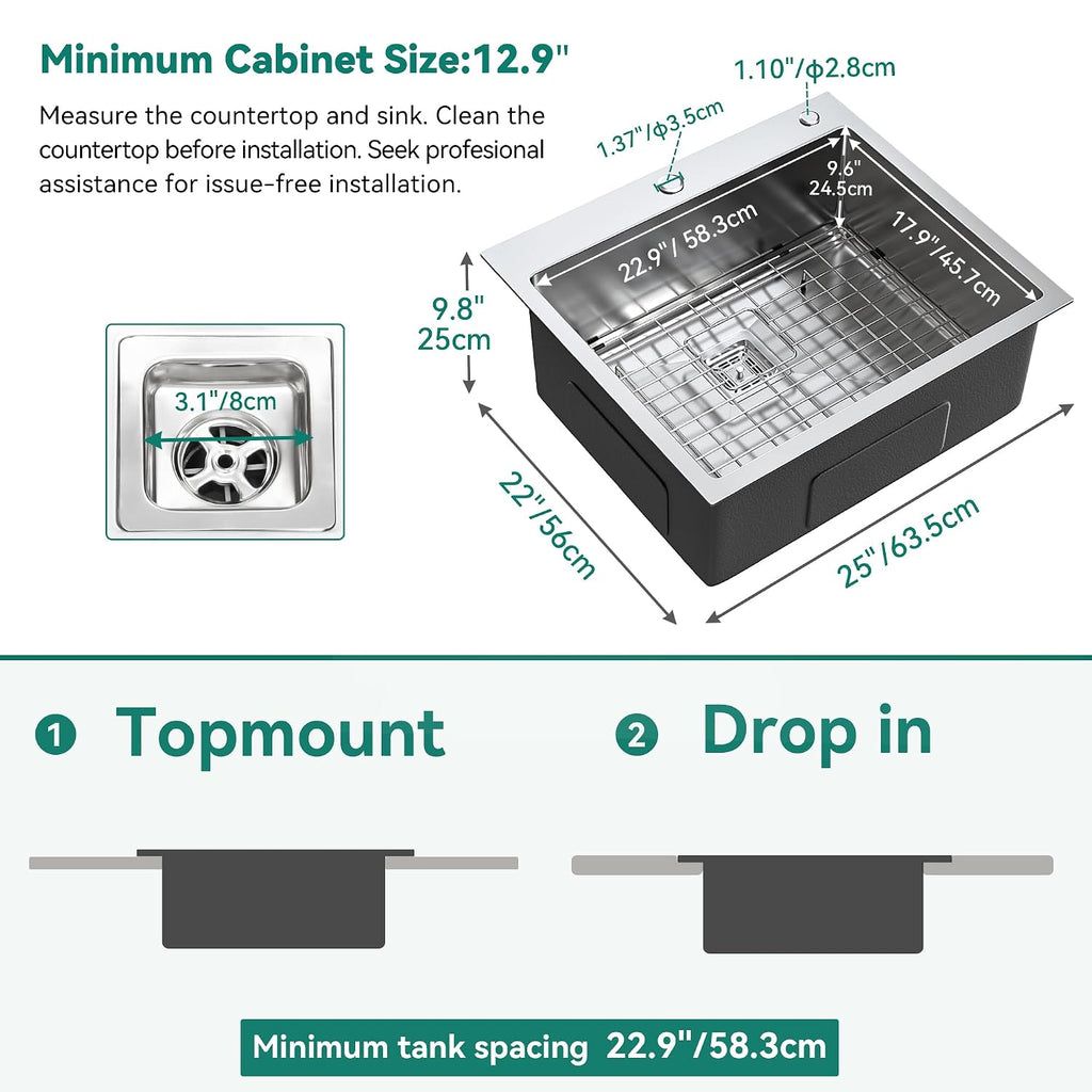 YITAHOME Drop in Kitchen RV Sink 25 in Topmount 304 Stainless Steel Single Bowl Sink with Accessories for Workstation, Bar Sinks 25 x 22 x 10 Inch