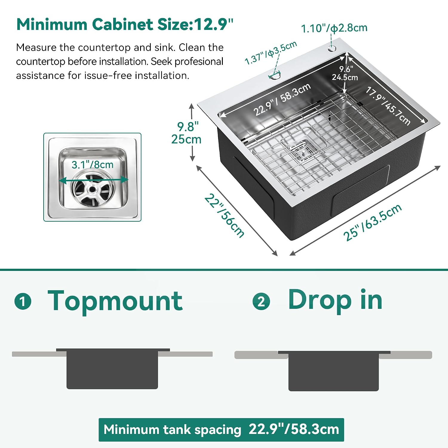 YITAHOME Drop in Kitchen RV Sink 25 in Topmount 304 Stainless Steel Single Bowl Sink with Accessories for Workstation, Bar Sinks 25 x 22 x 10 Inch