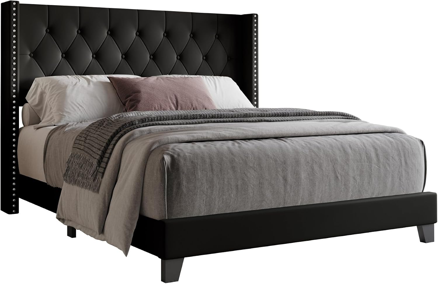 HOME DESIGN Homer Queen Tufted Wingback Upholstered Panel Bed with 2 Matching 1 Drawer Nightstands, Bedroom Furniture Set with Open Shelf Storage, Black Black