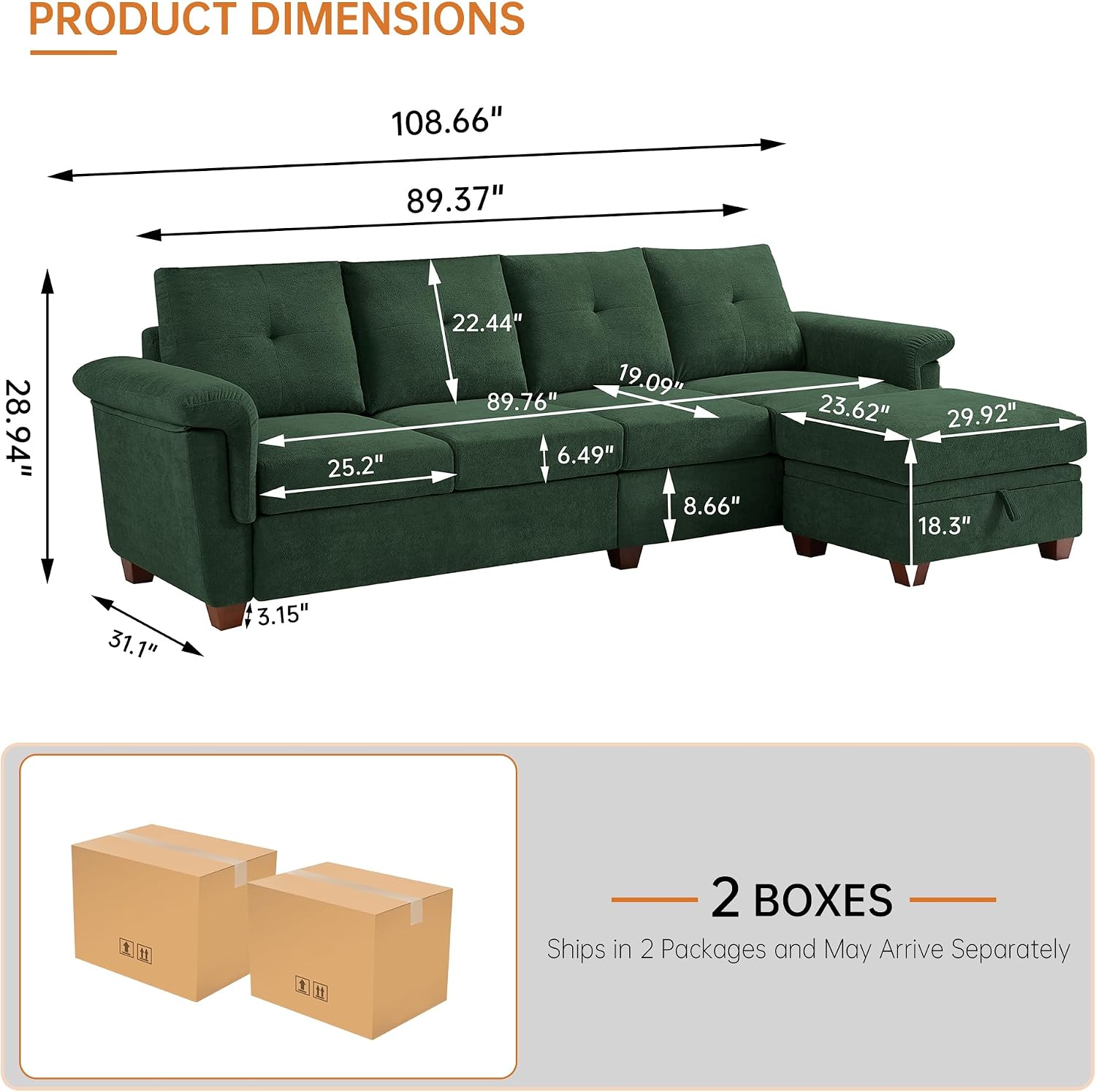 4-Seat Sectional Couches for Living Room, Bedroom, Office, L Shape Convertible Sectional Sofa Couch with Ottoman and Cup Holders, Green