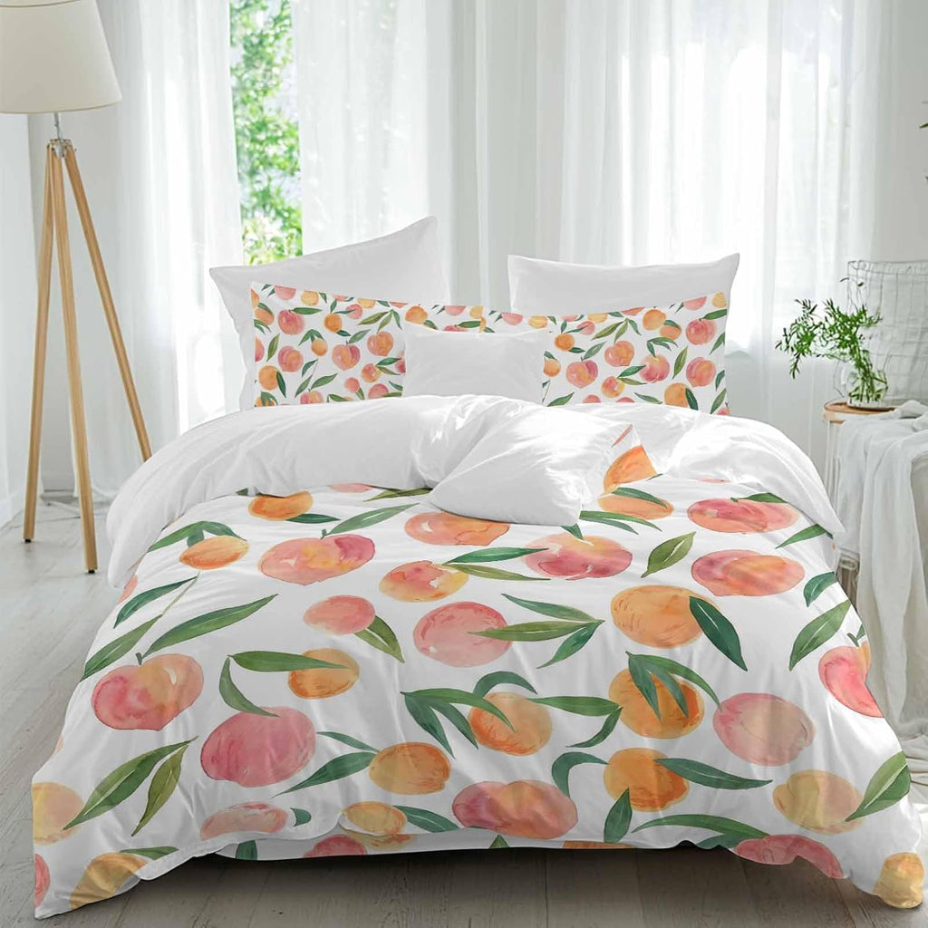 Peaches Watercolor Duvet Cover Set Queen Size 4 Pieces Pink Fruit Green Leaf Gradient Abstract Bedding Set with Zipper Closure, 1 Comforter Cover 92x106 Inches 1 Flat Sheet & 2 Pillow Cases